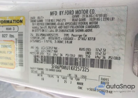2019 Ford Fusion Hybrid Sel z USA, uszkodzony, nr VIN 3FA6P0MU1KR257325